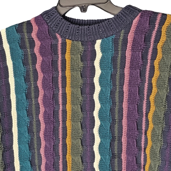 Y2K Structure 3D Multi-Colored Striped Crew Neck Cotton Size Mens L - Picture 10 of 10